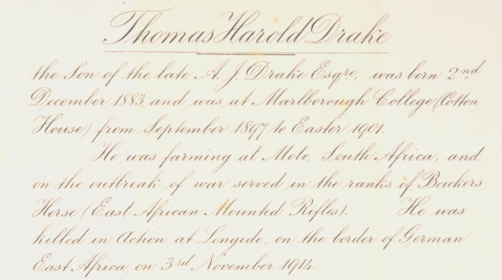Thomas Drake's entry in the Marlborough College Roll of Honour