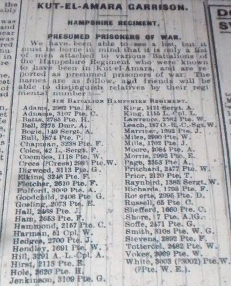 list of Hampshire Regiment men who had been taken prisoner at Kut