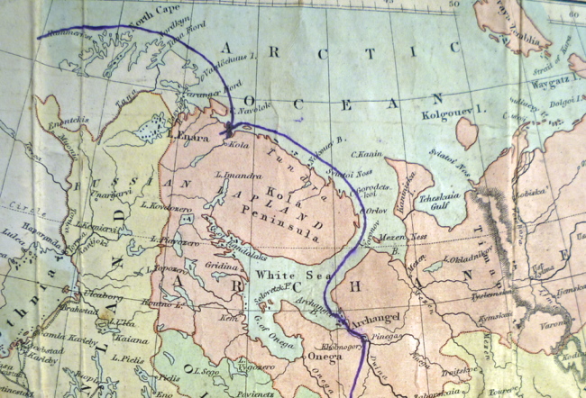 Map showing the route taken by the Armoured Car Expeditionary Force to Russia 