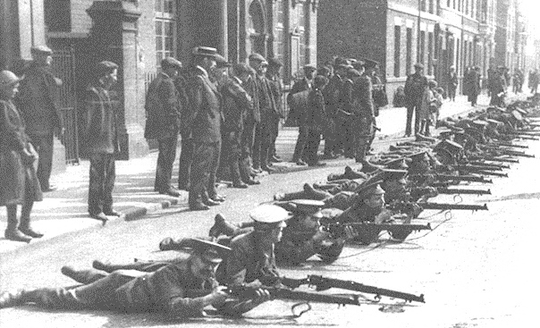 Members of the public watch the 9th Lancashire Fusiliers in training