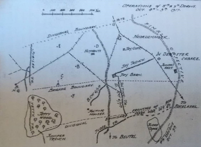 Map showing the area of operations of the 8th and 9th Devons between 4 and 9 October 1917
